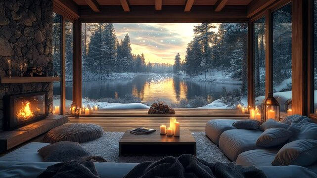 Lakeside room with a fireplace, candles, and scenic winter sunset view, seamless looping 4k time-lapse animation video background