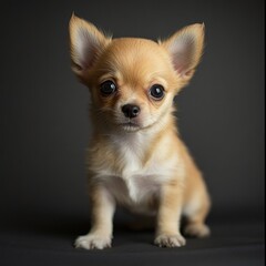 Obraz premium Cute chihuahua puppy with large ears and bright eyes sitting on a dark background indoors. Generative AI