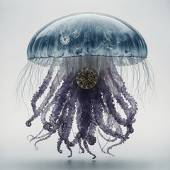 A surreal jellyfish with clock faces embedded in its body, representing the passage of time on a white backdrop.