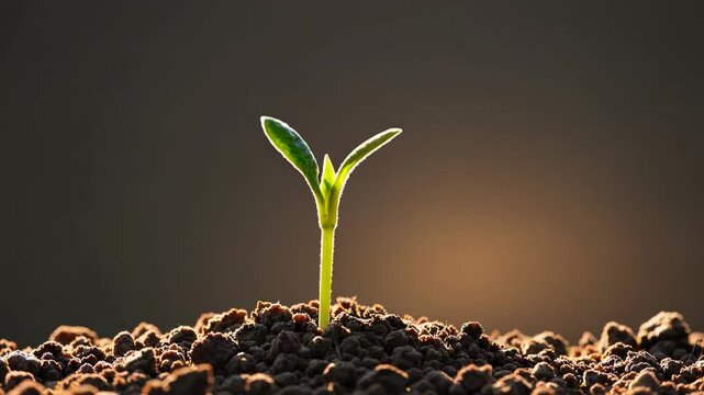 Time-lapse of a sunflower sprout growing from soil into a strong, tall plant under golden light.