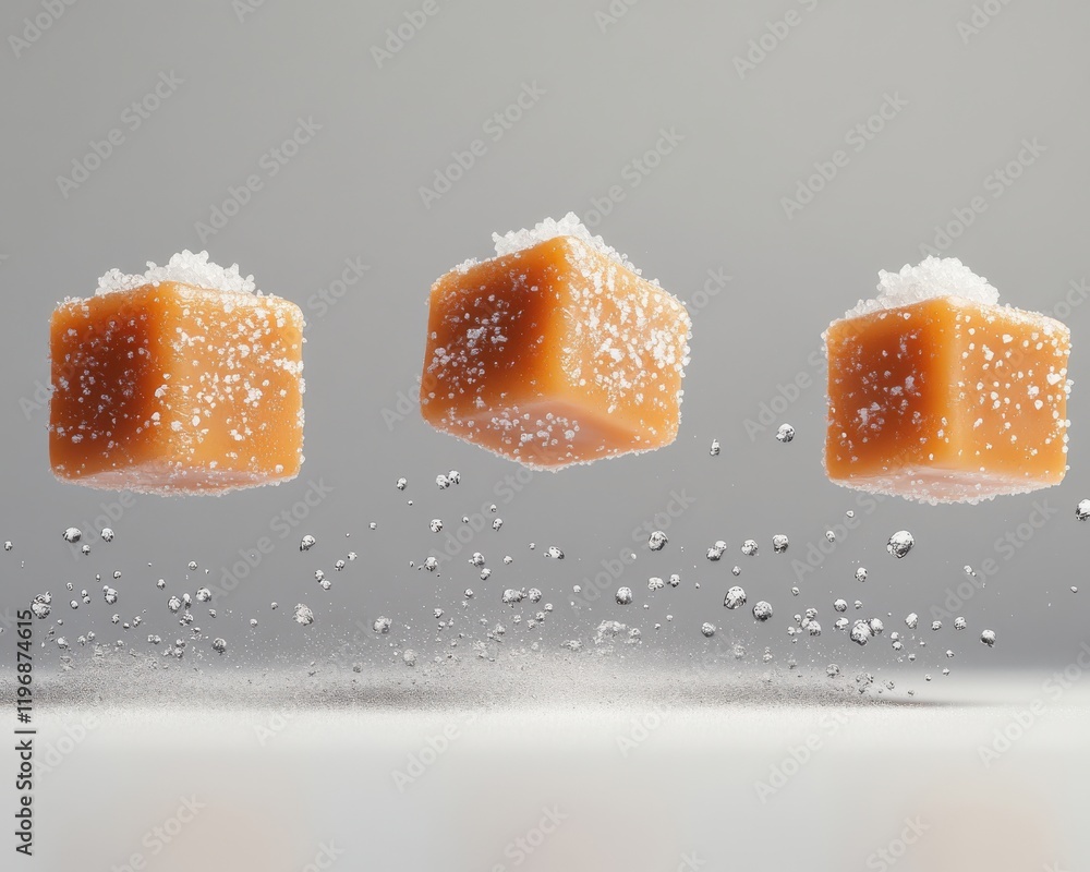 Poster three suspended sugar cubes in motion surrounded by sprinkles of granulated sugar on gray background