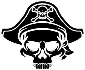 A pirate skull and crossbones jolly roger grim reaper cartoon wearing captain a hat and eye patch