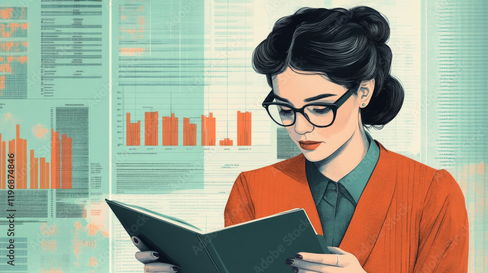 Poster businesswoman focused on analyzing data while reviewing reports in a modern office setting during da