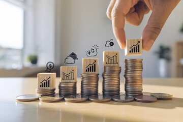 Creative financial concept featuring a house model with a colorful energy efficiency chart, stacks of coins, and a clean, bright background symbolizing cost savings and sustainability