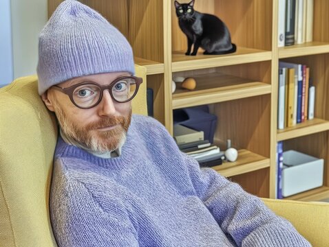 Bearded man in light blue beanie, glasses, black cat in background, organized wooden bookshelf, cozy home setting.