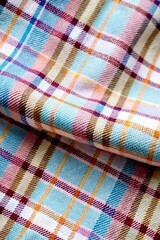 Classic Tartan Plaid Fabric Pattern with Warm Yellow, Soft Peach, and Light Blue 