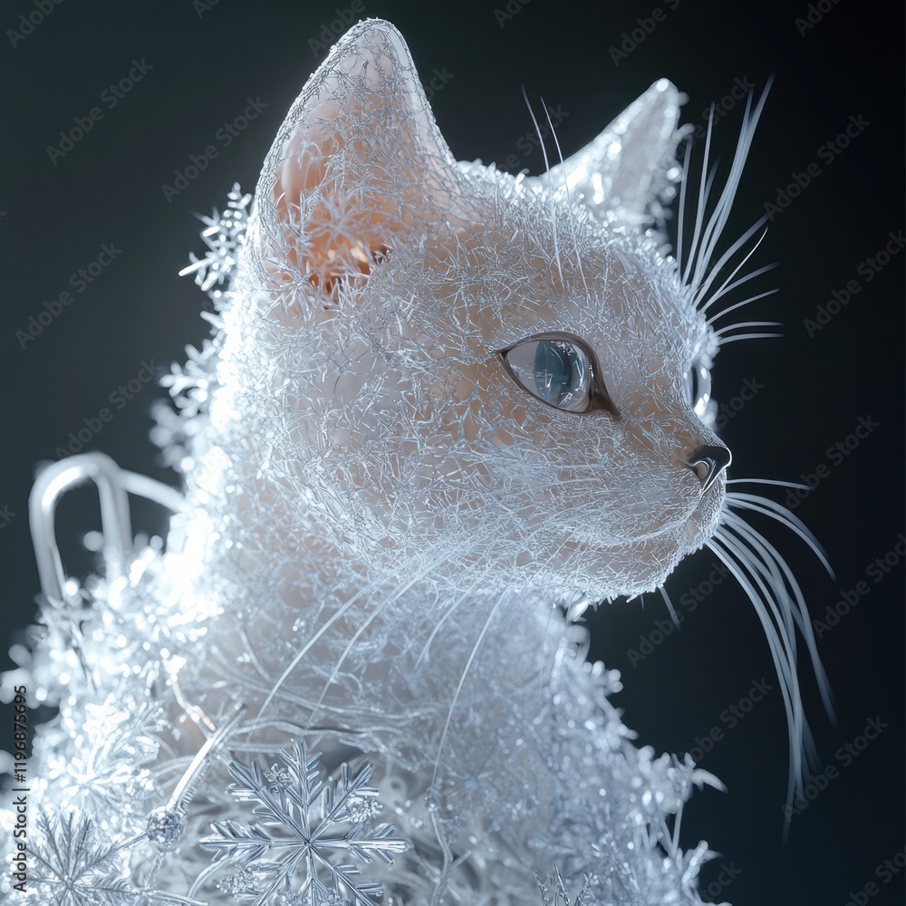 Poster white cat adorned with intricate frost patterns in a dark setting during winter. generative ai