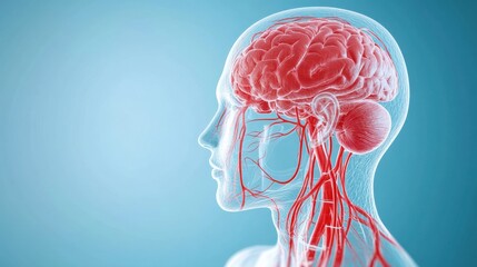 Detailed Anatomical Illustration of Human Brain and Vascular System, Side View, Medical and Educational Concept