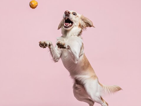 Funny Dog Trying to Catch a Treat Mid-Air Against a Minimalist Colored Background