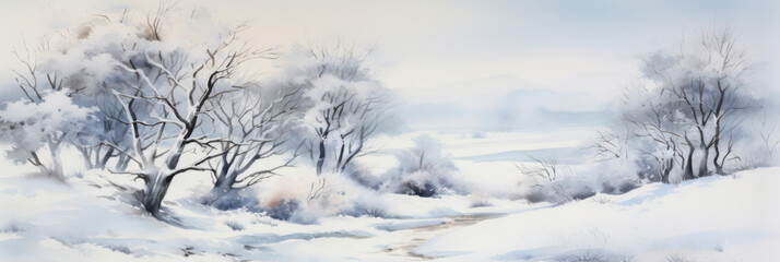 Winter landscape with snow covered ground and trees. Watercolor painting.