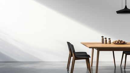 The minimalist aesthetic of a modern dining room is brought to life with a wooden family table, contemporary chairs, a plate of nuts, and salt and pepper shakers, all resting on a