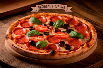 Photo of a delicious Italian pizza with a peroni and the inscription National Pizza Day