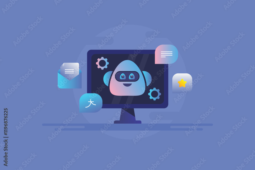 Poster ai translator app, chatbot on computer screen translates text written in any language, machine learn