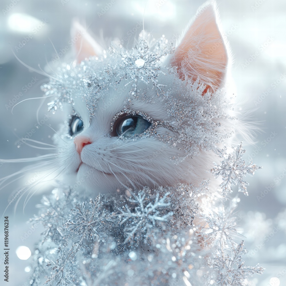 Poster white kitten surrounded by sparkling snowflakes in a winter wonderland setting captivates with its e