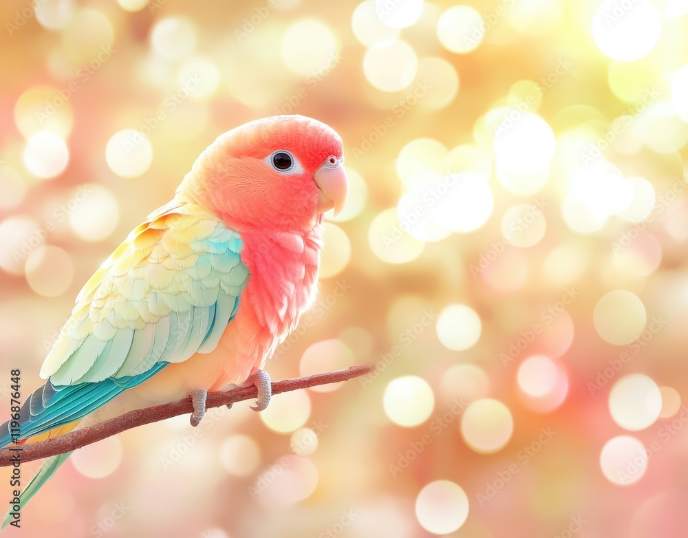 Poster vibrant colored parrot perched on a branch with soft bokeh background creating a dreamy effect in na