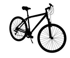 Fototapeta premium Black silhouette of bicycle standing while leaning on kickstand, side view. Bike resting on kick stand. Png clipart isolated on transparent background