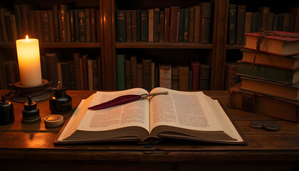 World Writers' Day scene featuring an open book, quill pen, candlelight, and vintage books on a wooden desk
