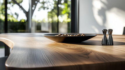 Obraz premium A harmonious modern dining room highlights a wooden family table with a plate of nuts and sleek salt and pepper shakers, its contemporary design further enhanced by a clean white w
