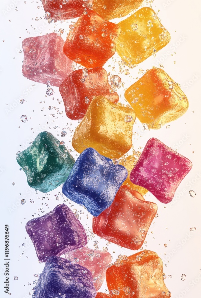 Poster vibrant colorful ice cubes falling into clear water with bubbles creating a refreshing and playful a