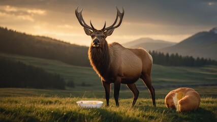 A majestic elk stands in a serene landscape at sunset, with a dog resting nearby.