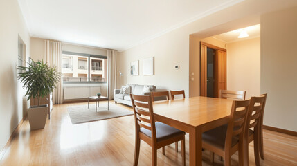 Fototapeta premium A modern dining room with a Scandinavian-style wooden table and neutral-toned chairs anchors this apartment's interior, leading to an empty living room with a beige wall that offer