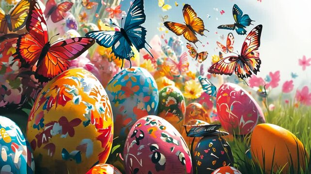 Colorful butterflies surround decorated eggs in a vibrant spring garden filled with flowers and sunshine
