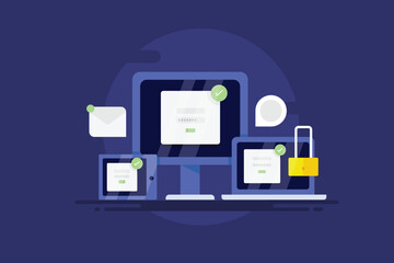 Internet security, password protected login dashboard on digital screen, anti-hacking system conceptual cyber security technology vector illustration.