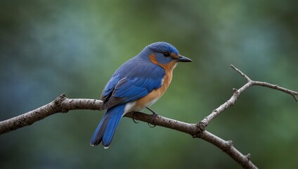 Obraz premium Robin on a branch . Blue bird on branch with background . A vibrant bluebird with an orange breast perches on a branch. An Eastern bluebird perches on a branch.