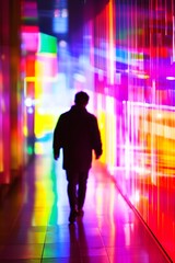 Person Walking Through Vibrant Neon Light Corridor