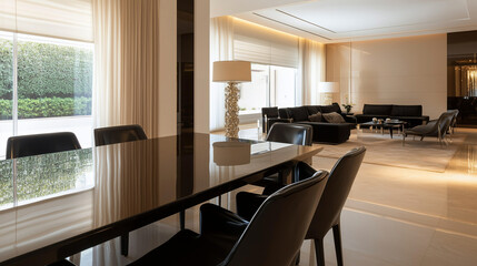 This elegant apartment interior combines a dining room with a high-gloss table and minimalist chairs with an open, uncluttered living room featuring a beige wall, emphasizing spaci