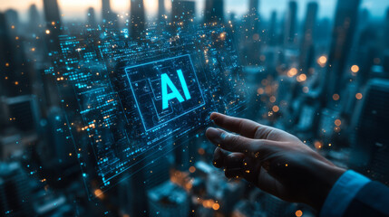 Hand interacting with digital artificial intelligence interface overlooking a city skyline at dusk