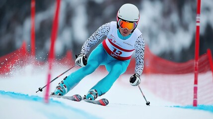 Competitive skier racing through a slalom course, focused expression