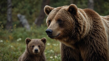 Obraz premium Brown bear in the forest . A close-up of a brown bear and cub in a grassy field.