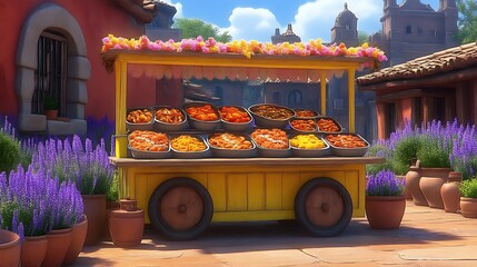 Yellow Food Cart Displays Various Sweet Treats In A Sunny Village Setting