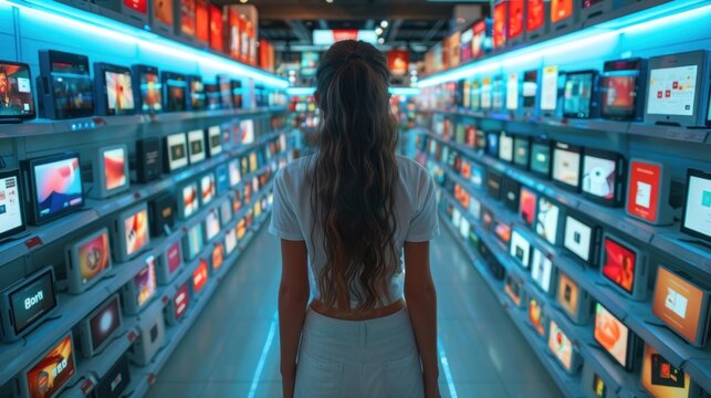 Young Woman Standing in Front of TV Kiosks in Supermarket