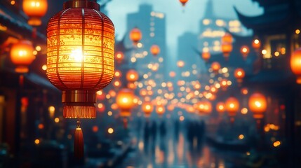 Illuminated Chinese lanterns illuminating a city street at night.