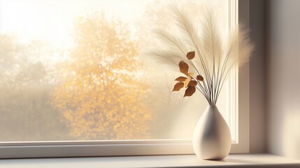 Obraz premium Decorative vase with dried leaves against a soft autumn background