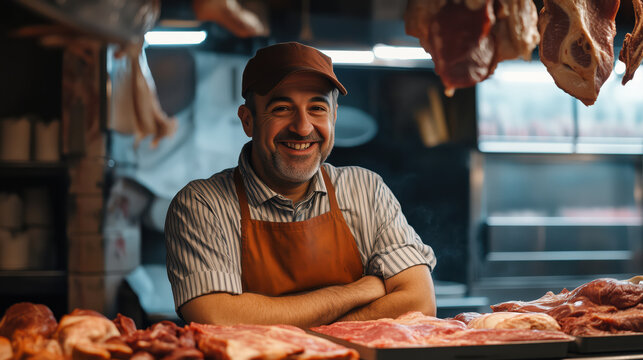 Smiling man worker in butchers shop surrounded by various cuts of fresh meat.