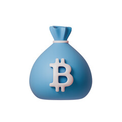 Colorful 3D illustration of blue money bag featuring Bitcoin symbol. Ideal for concepts related to finance, cryptocurrency, and digital wealth, perfect for marketing and business projects.