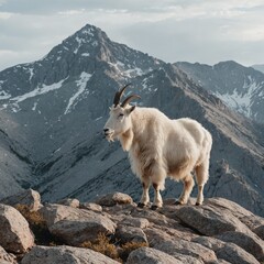 A lone mountain goat standing atop a rocky mountain on a white backdrop.

