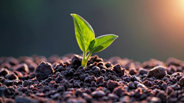 Time-lapse of a green bean sprout emerging from the soil and growing under soft sunlight.