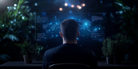 A man is sitting in front of a computer monitor with a map of the world on it