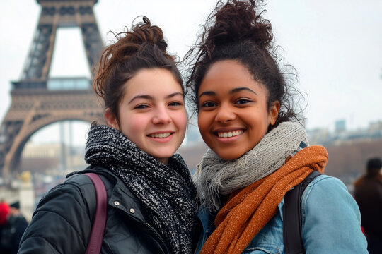  a casual smartphone photo of two young women in Paris, standing close together and smiling warmly.  capturing the Eiffel Tower in the blurry background