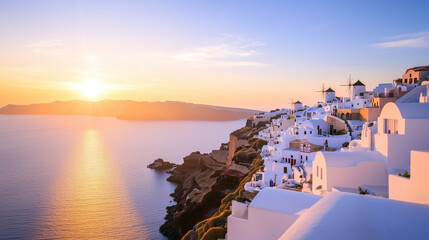 Fototapeta premium At a Santorini hotel, sunrise transforms the caldera into a golden masterpiece, the Aegean Sea glistening below, as guests indulge in a breakfast spread of pancakes, fresh figs, an