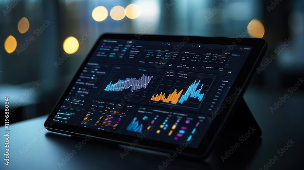 Poster data visualization on a tablet showing analytics in a modern office environment at night