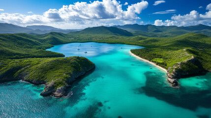 A bird's-eye view captures the breathtaking beauty of a lush green peninsula surrounded by crystal-clear turquoise waters, with winding coastal trails and secluded beaches shimmeri
