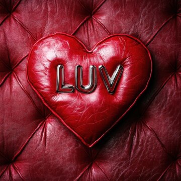 Heart shaped pillow featuring the word LUV on a red leather background in a cozy setting. Generative AI