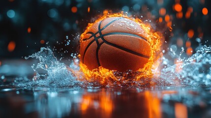 Flaming basketball splashing court, night game