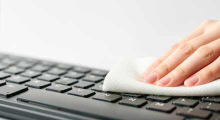 Hand using a white disinfectant wipe to clean a black computer keyboard