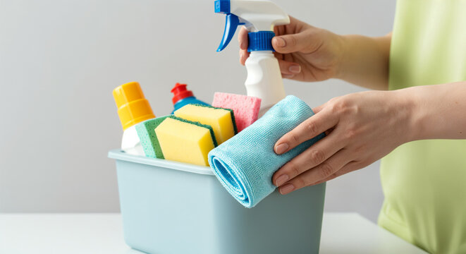 Housekeeper holding cleaning supplies and microfiber cloth, preparing to clean house